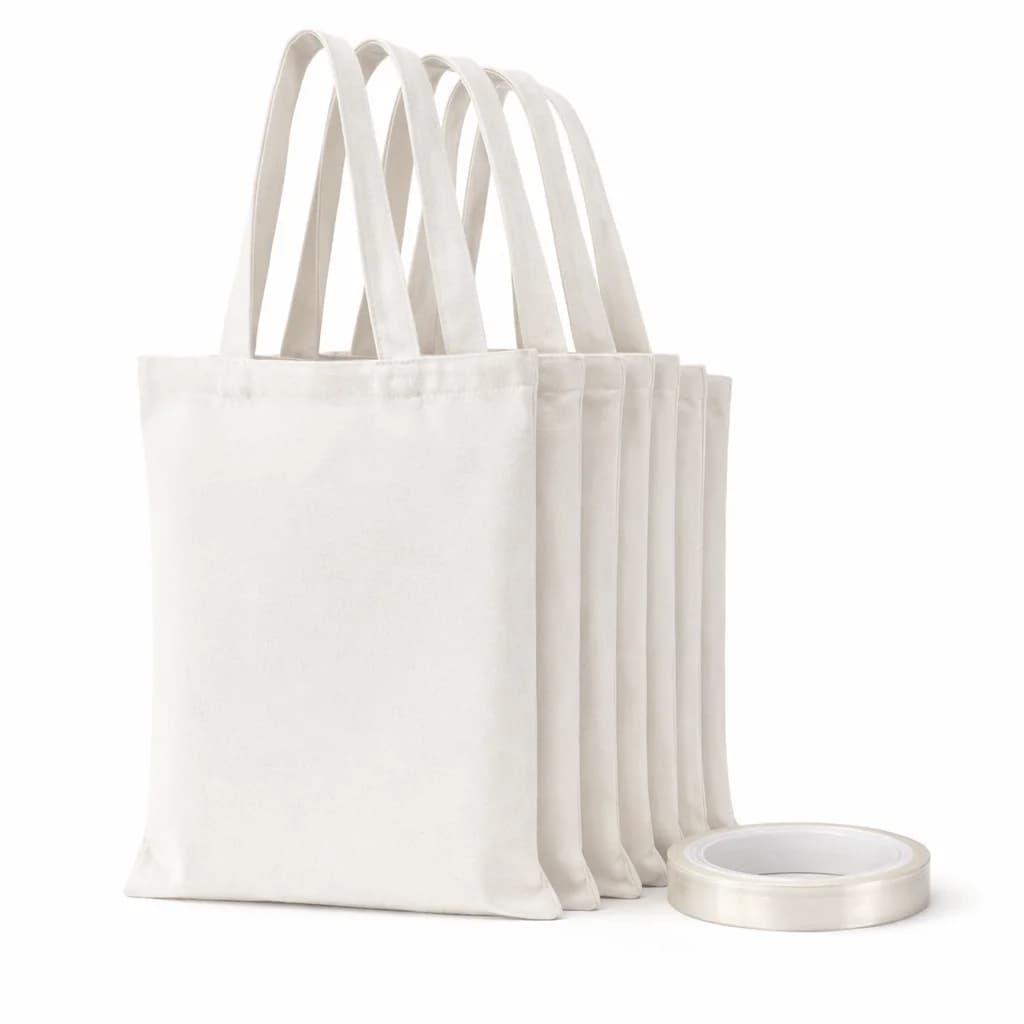 Kit di borse tote per sublimazione da 7 pezzi, 6 borse tote bianche vuote (31×36 cm) + 1 nastro resistente al calore da 10 mm, accessori per pressa a caldo