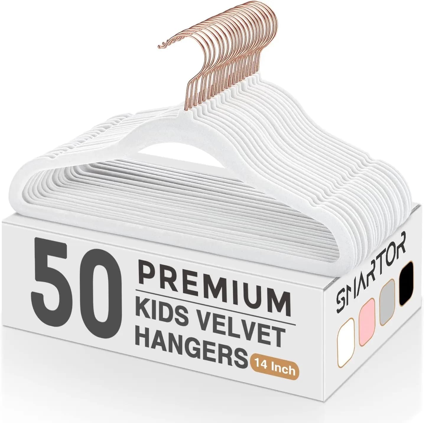 Pack of 50 Velvet Clothes for Children, 35 cm Anti-slip Space for Kids Dresses with Rose Gold Hook - White