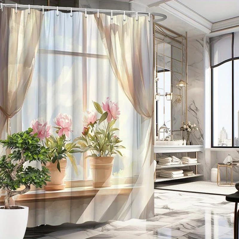 Tenda da doccia con peonie di montagna nebbiosa da 1 pezzo - Peonie rosa morbide, paesaggio montuoso, poliestere, 8,8x70,8", arredamento bagno sognante