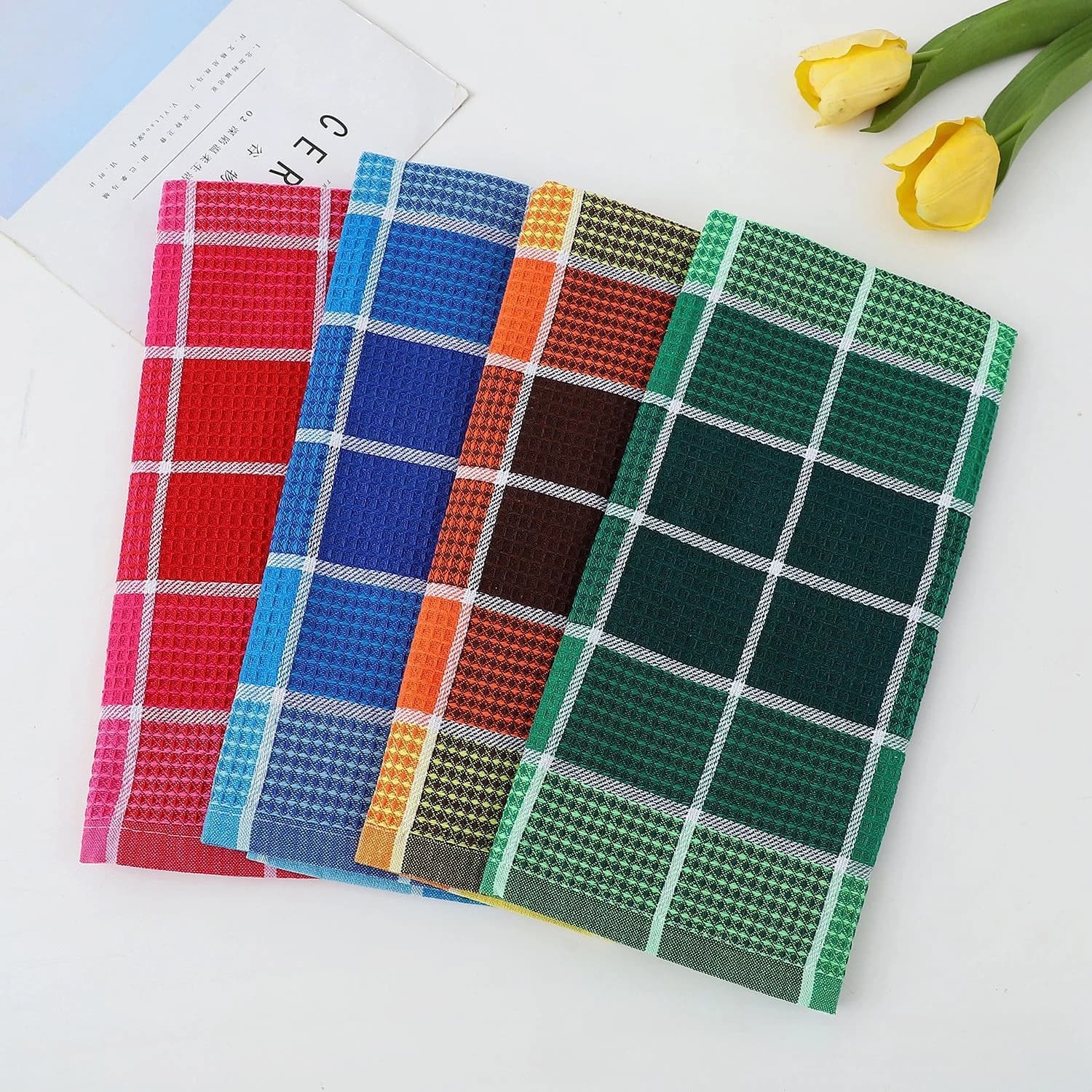 4pcs Household Kitchen Waffle Cleaning Cloths, Polyester Cotton Cleaning Grid Cleaning Cloths