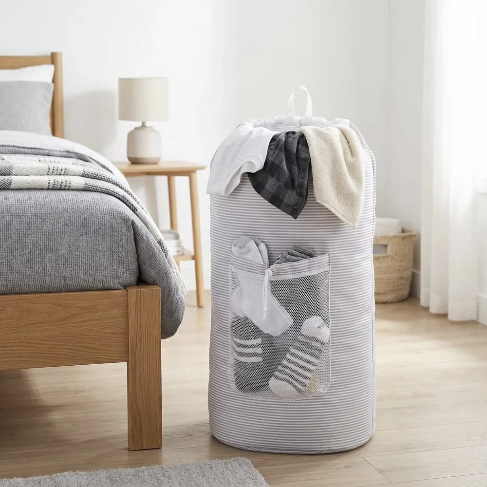 Arctic White and Soft Silver Waterproof Laundry Bag Backpack with Durable Mesh Pocket and Adjustable Shoulder Straps for Travel Camping College Dorm Large Capacity Hamper Organizer 15 Inches Wide 11 Inches Deep 32 Inches