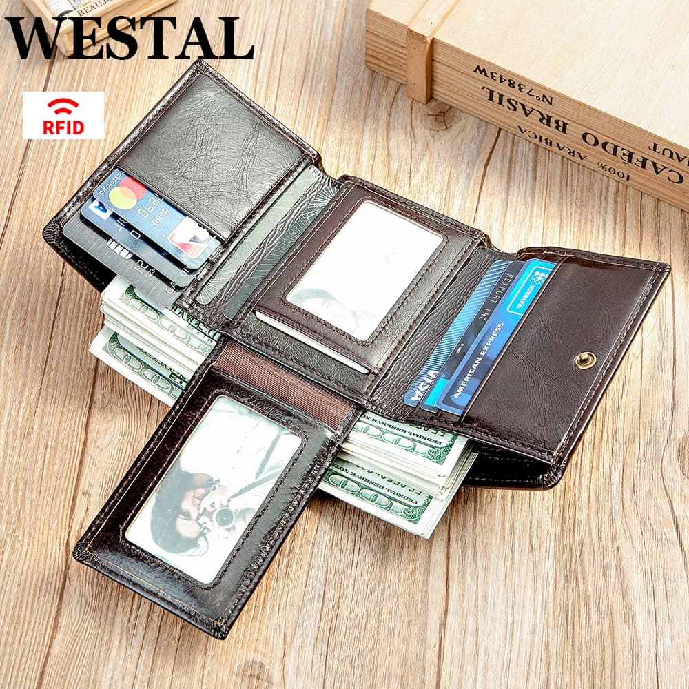 Portafoglio WESTAL RFID per uomo portamonete in vera pelle da uomo portafogli third fold cluth con slot per schede Mulitfile Money Bags 1134