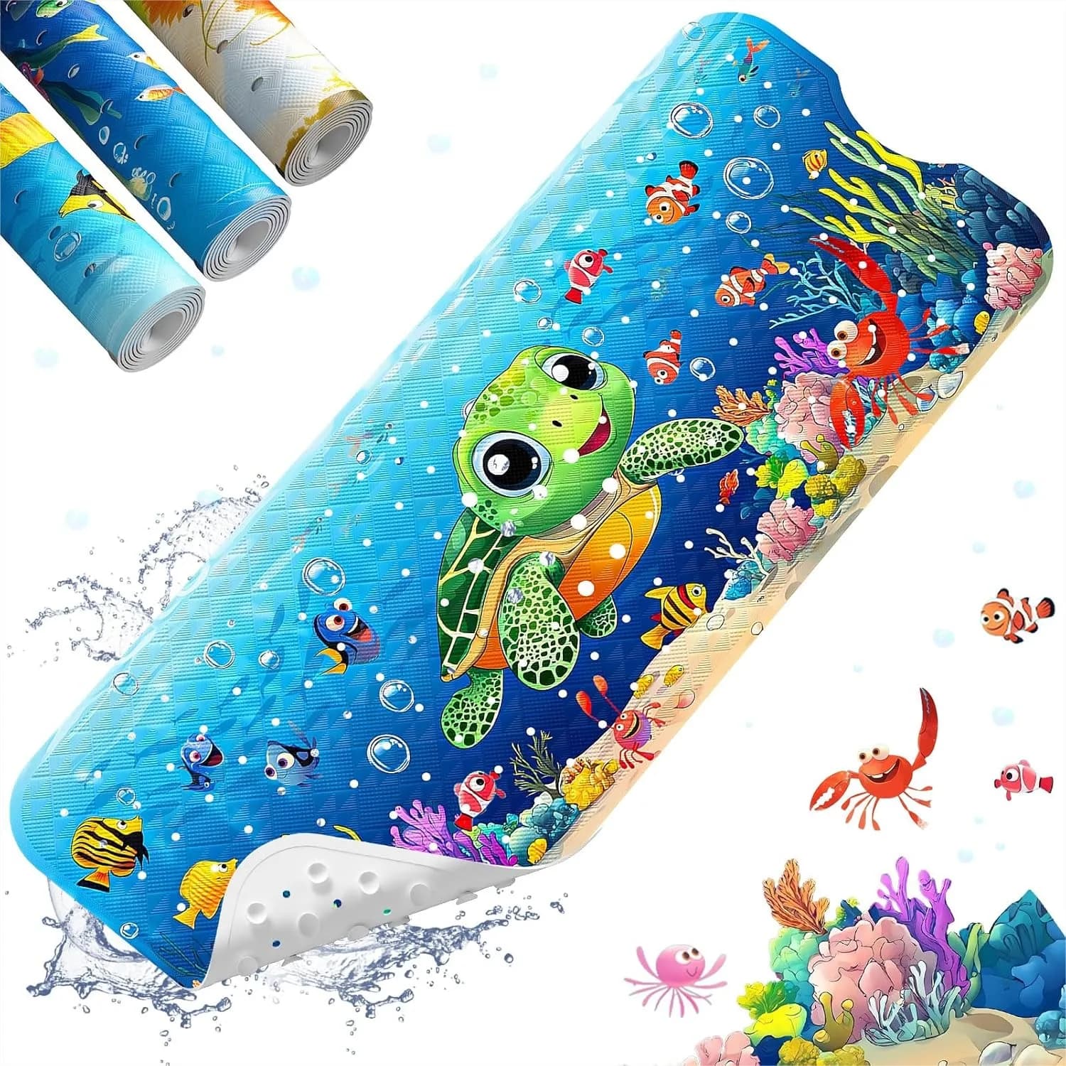 Tappetino Antiscivolo per Vasca da Bagno per Bambini 40x16 Pollici Extra Lungo con Disegno di Tartaruga, Ventose e Fori di Drenaggio