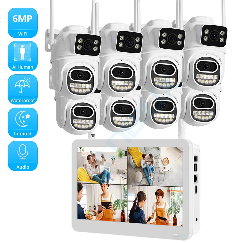 Wireless CCTV Camera Kit WiFi 6MP 3K IP cameras with dual security lens Audio 8CH NVR ICsee video surveillance set