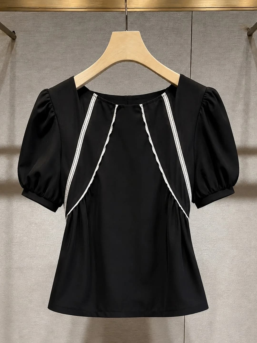 Slimming Color Block Bubble Sleeve Shirt Korean Style round Neck Comfortable Women's Top Soft Silk Summer Fashionable Blouse