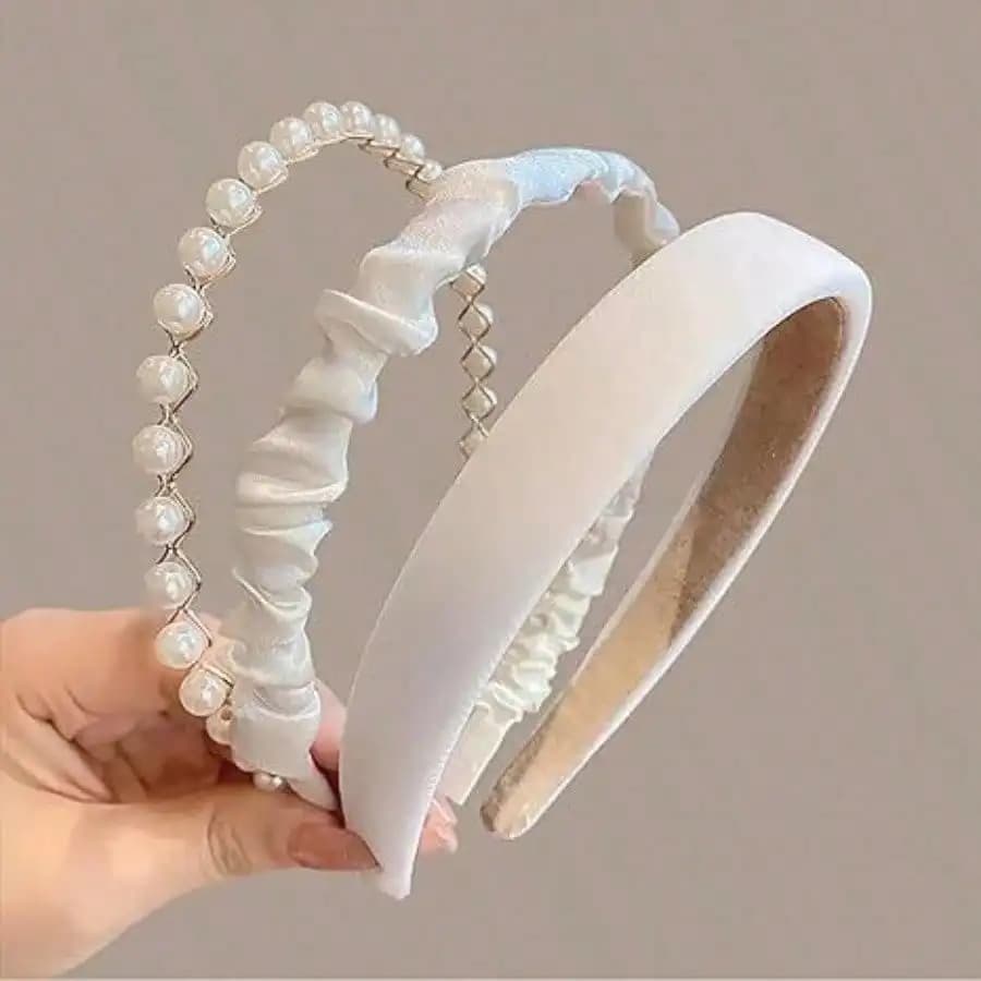 Set di 3 Fasce per Capelli con Perle Bianche e Volant, Elegante Cerchietto Francese per Donne, Accessorio Moda per Feste, Matrimoni e Uso Quotidiano, Idea Regalo