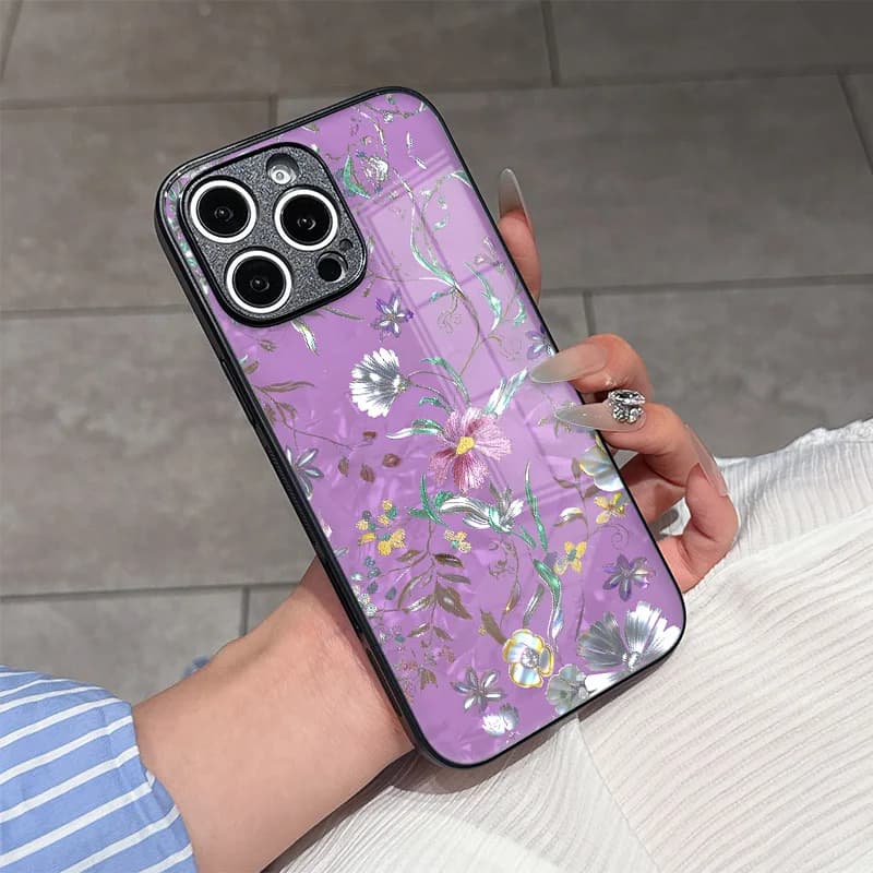 Custodia per iPhone con design floreale in vetro e gemma viola, anti-caduta, per modelli 11/12/13/14/15/16/17 Pro MAX