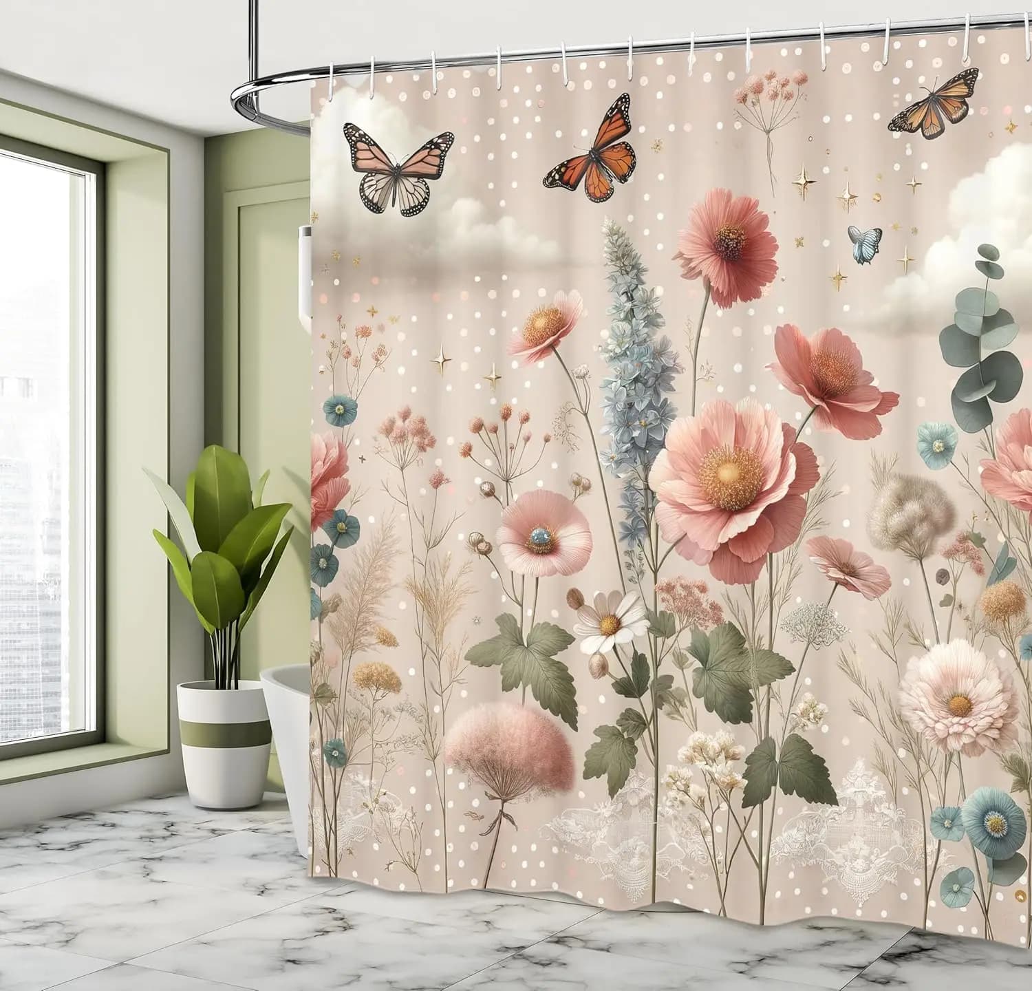 Tenda da doccia floreale con eucalipto, giardino fluorescente fiorito primaverile con petali e farfalle, bagno in tessuto di stoffa