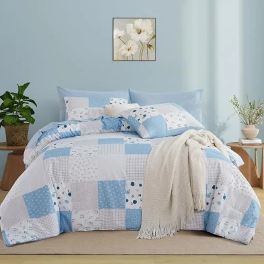 Set Copripiumino 7 Pezzi Floreale in Seersucker, Copripiumino Patchwork Reversibile con Lenzuola e Federe
