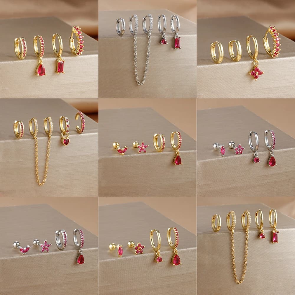 4 pezzi orecchini a cerchio a catena placcati in oro 14 carati moda orecchini in acciaio inossidabile con zirconi rossi set per regalo di gioielli penetranti da donna