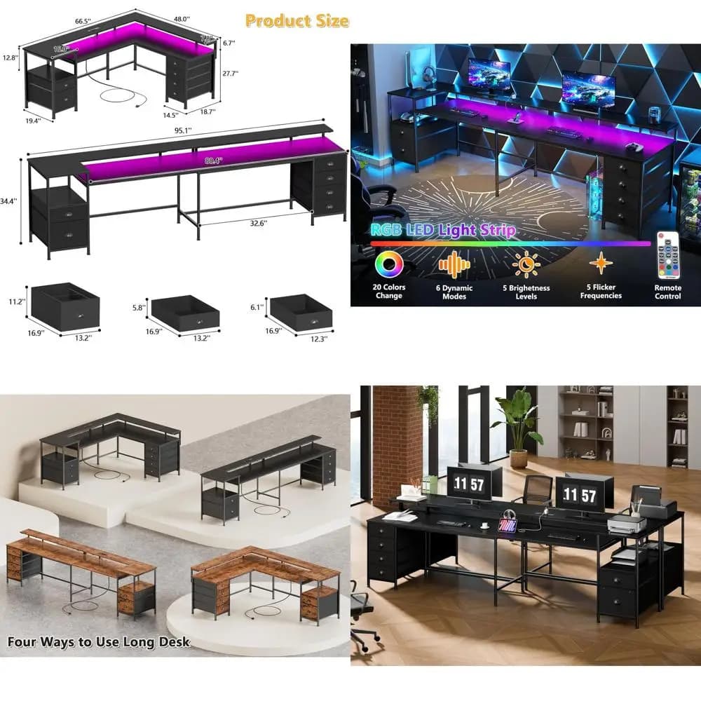 Scrivania da Gaming per Due Persone con 6 Cassetti, Ripiani Portaoggetti, Prese di Corrente, Luci LED e Ripiano per Monitor, Nera