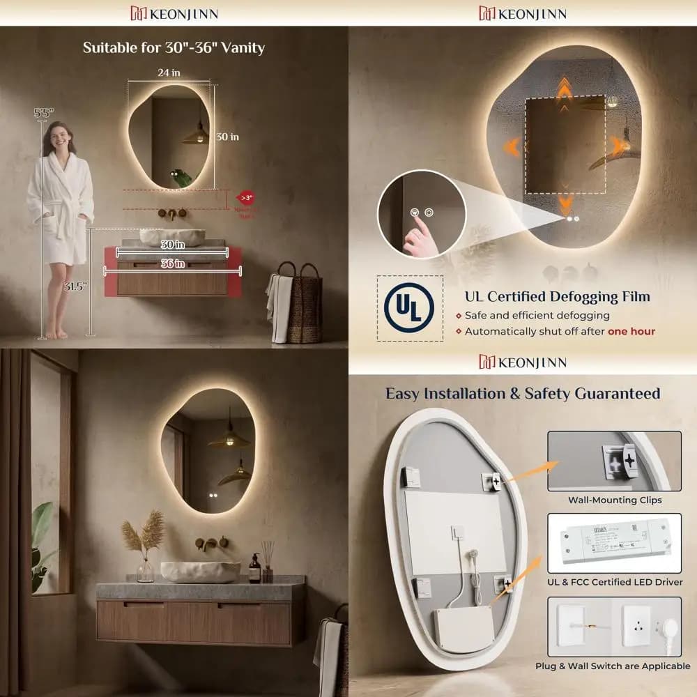Specchio da Bagno Asimmetrico 24 x 30 con Illuminazione LED, Vetro Temperato HD, Dimmerabile a Gradini, 3 Opzioni di Colore
