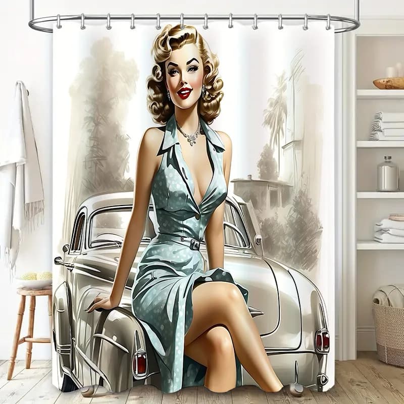 Tenda da doccia stile vintage con donna bionda sexy e illustrazione di auto d'epoca Impermeabile Durevole Facile da installare e mantenere