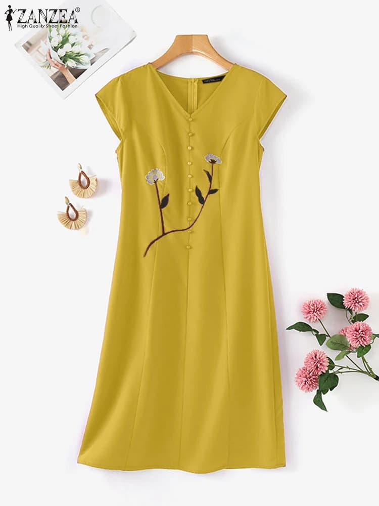 ZANZEA Donna Casual Vacanza Abiti longuette 2025 Estate Cap Sleeve Scollo a V Ricamo floreale A-line Robe Femme Everyday Vestito estivo