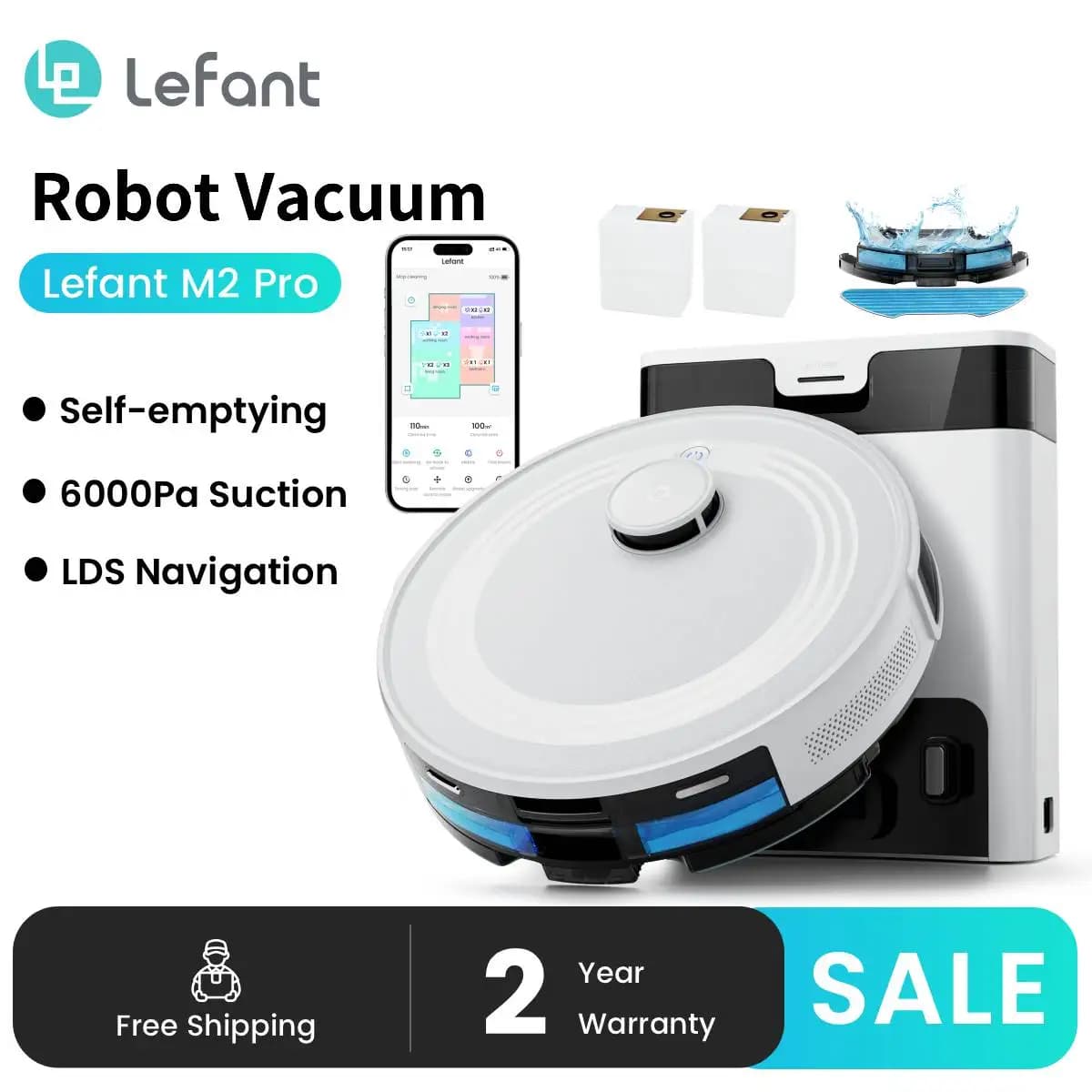 Lefant M2 Pro Robot Vacuum with Mop,Self-Emptying, 6000Pa , DTOF Laser Navigation, PSD Obstacle Avoidance, Wi-fi/Alexa Control