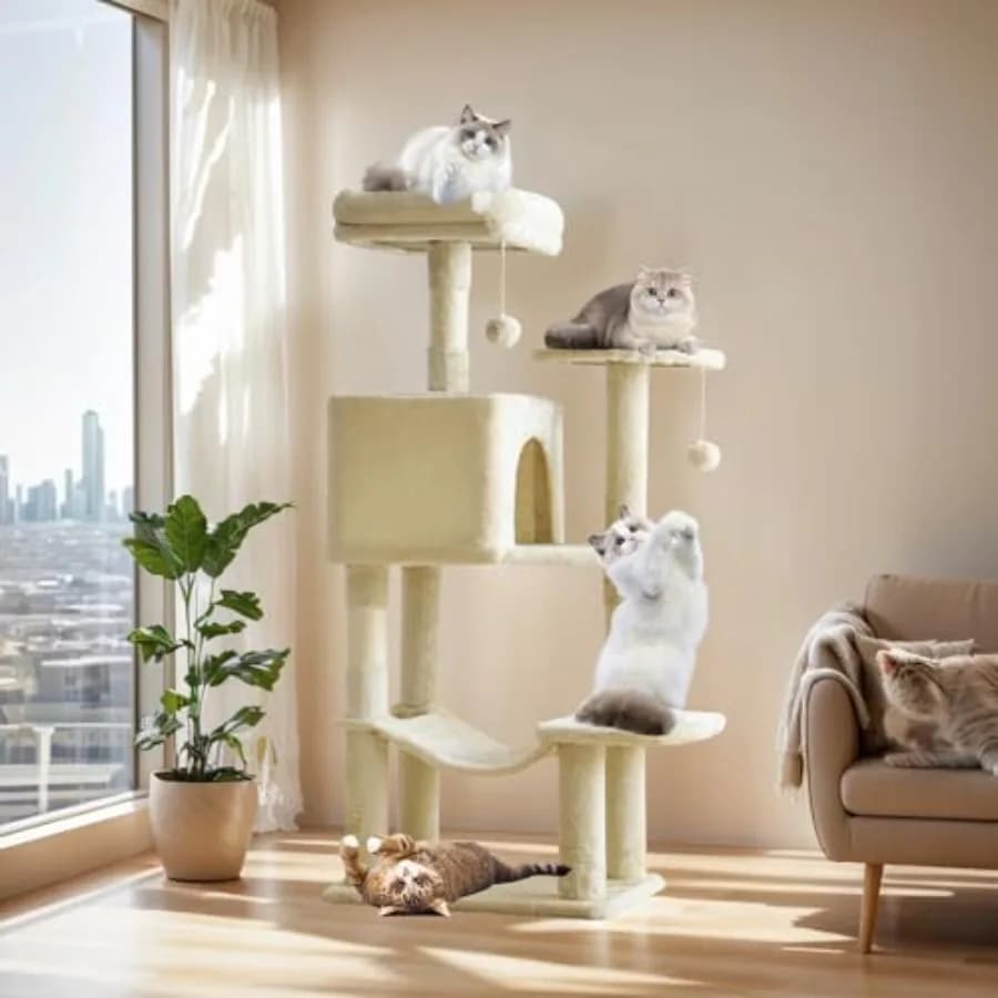 Torre per Gatti da 44 Pollici con Posti di Tirata in Sisal Naturale, Amaca e Cuccia per Gatti e Gattini da Interno