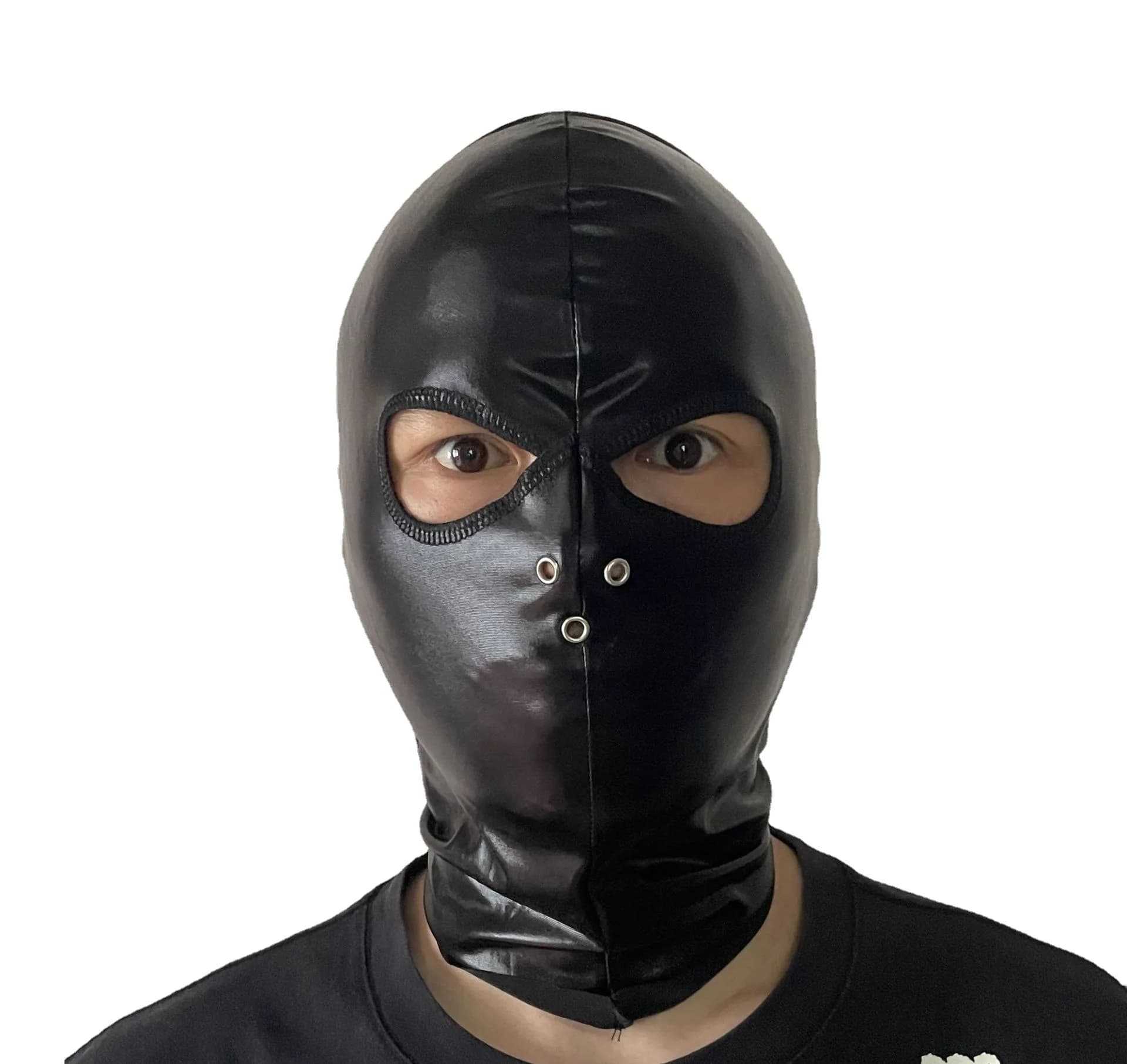 Maschera per cappuccio in pelle nera maschera per copricapo in lattice traspirante da uomo in Spandex per copricapo da gioco di ruolo per feste in Costume