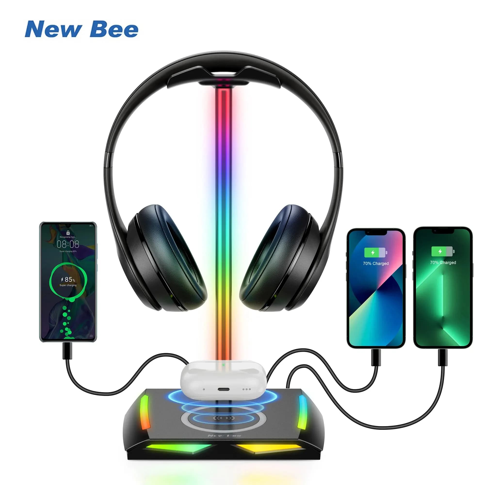 New Bee Z12 RGB headphone stand with wireless charger base Desk headphone stand Anti-slip rubber base