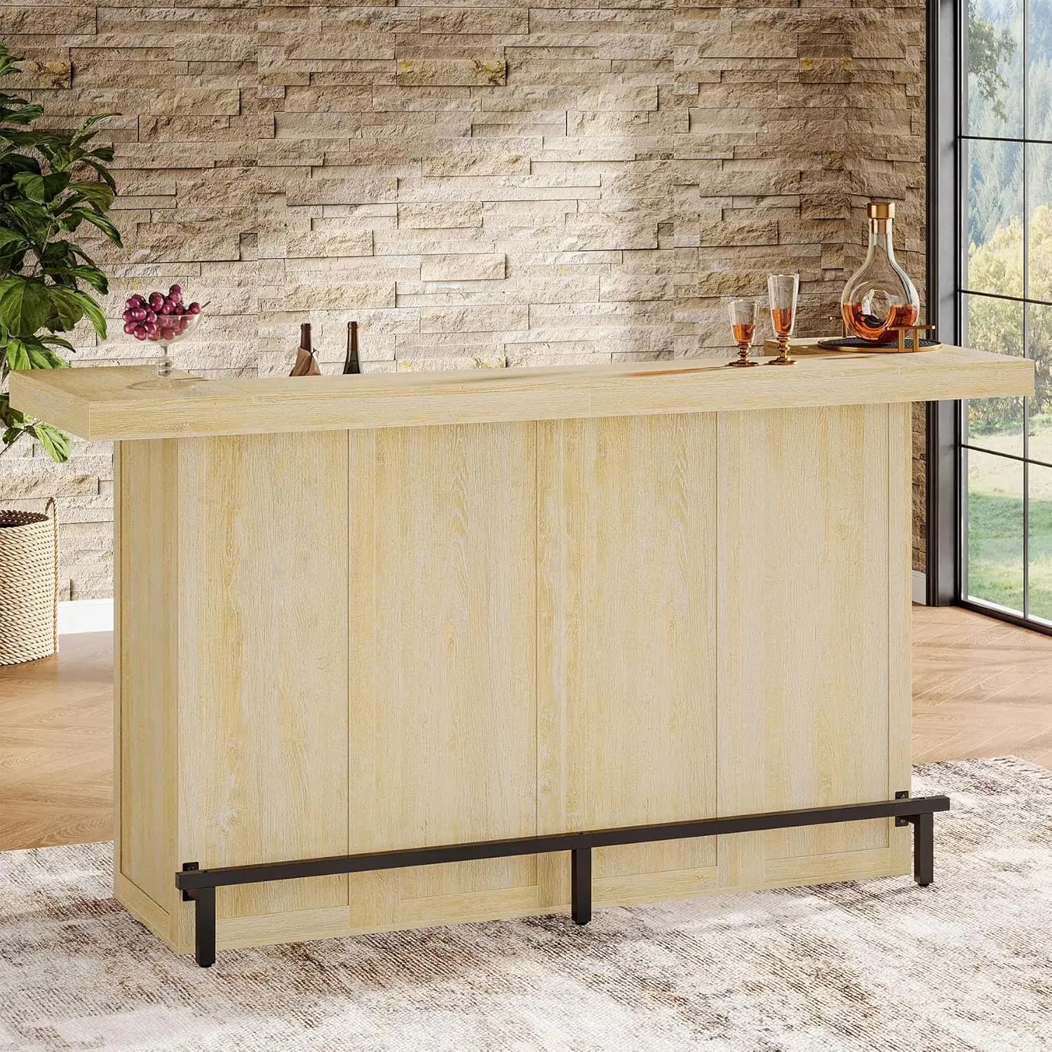 Tavolo Bar in Legno a 4 Ripiani 180 cm con Portabicchieri e Poggiapiedi, Mensole Portaoggetti per Cucina, Patio, Seminterrato, in Quercia, Personalizzabile
