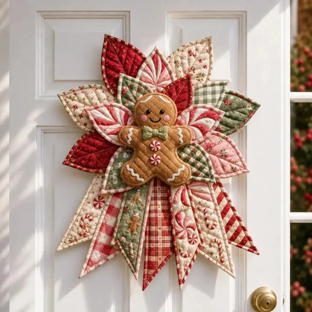 Christmas Quilted Door Wreath DIY Sewing Kit Gingerbread Man Poinsettia Fabric Wall Hanging Holiday Party Home Decor