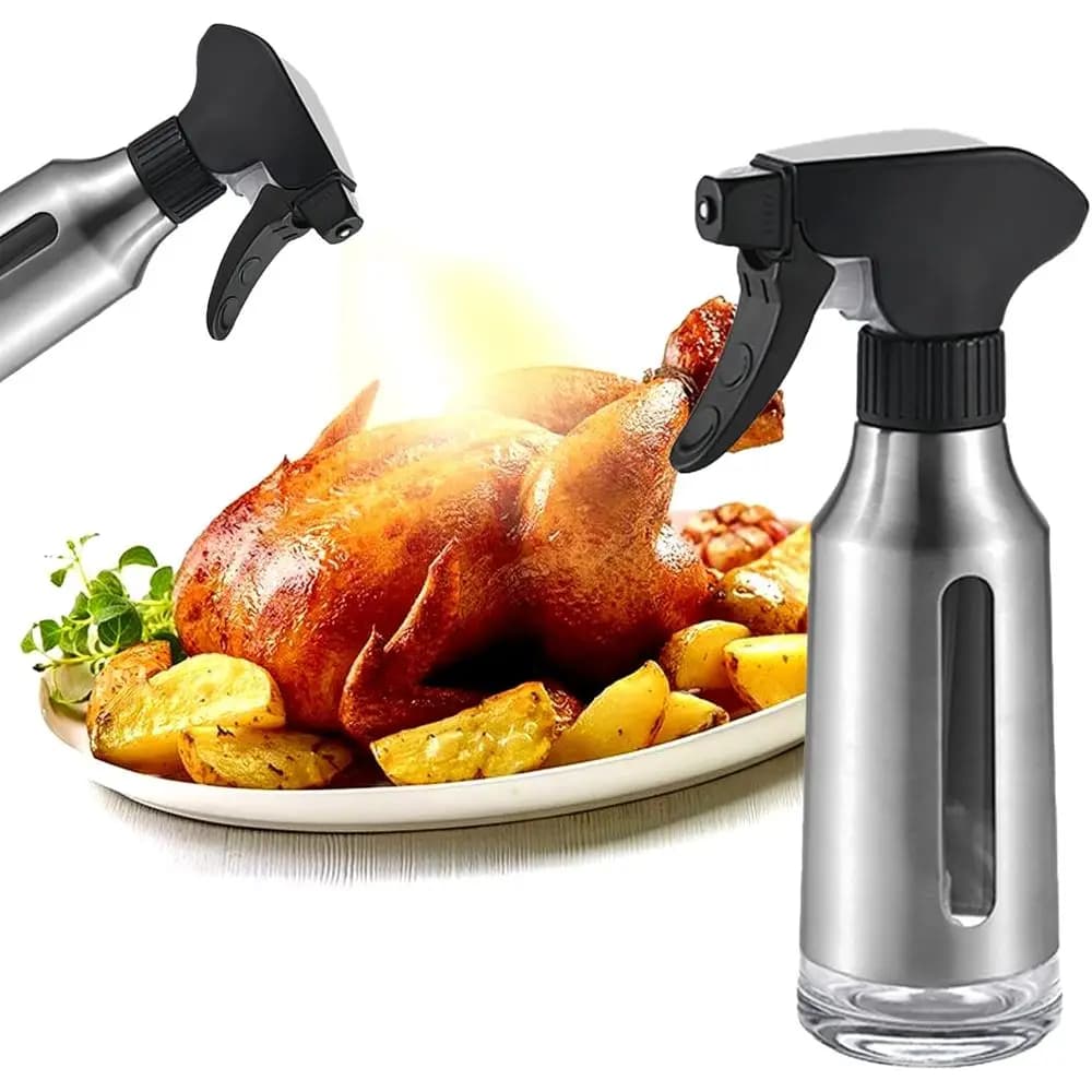 Spruzzino per Olio, Nebulizzatore per Olio d'Oliva in Acciaio Inossidabile per Cucina, Dispenser con Ugello Nero per Friggitrice ad Aria, Bottiglia Spray in Vetro per Controllo Olio 6.3