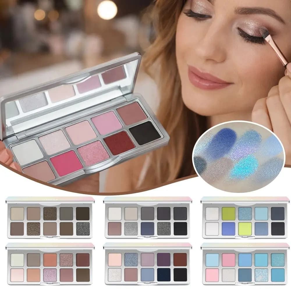 Palette Multifunzionale Perlata con Dieci Colori, Palette Ombretti Blu Scintillanti, Trucco Occhi Opaco