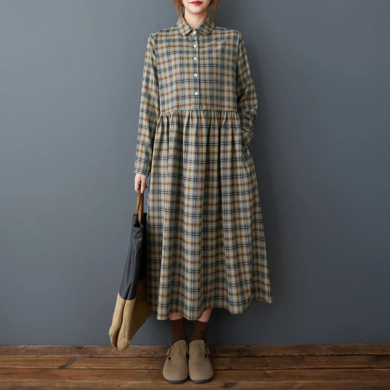 New 2025 Loose Women Thick Dresses Autumn Winter Loose Korean Style Plaid Lady Vestidos Mid-Length Female Robe Clothes KE8925