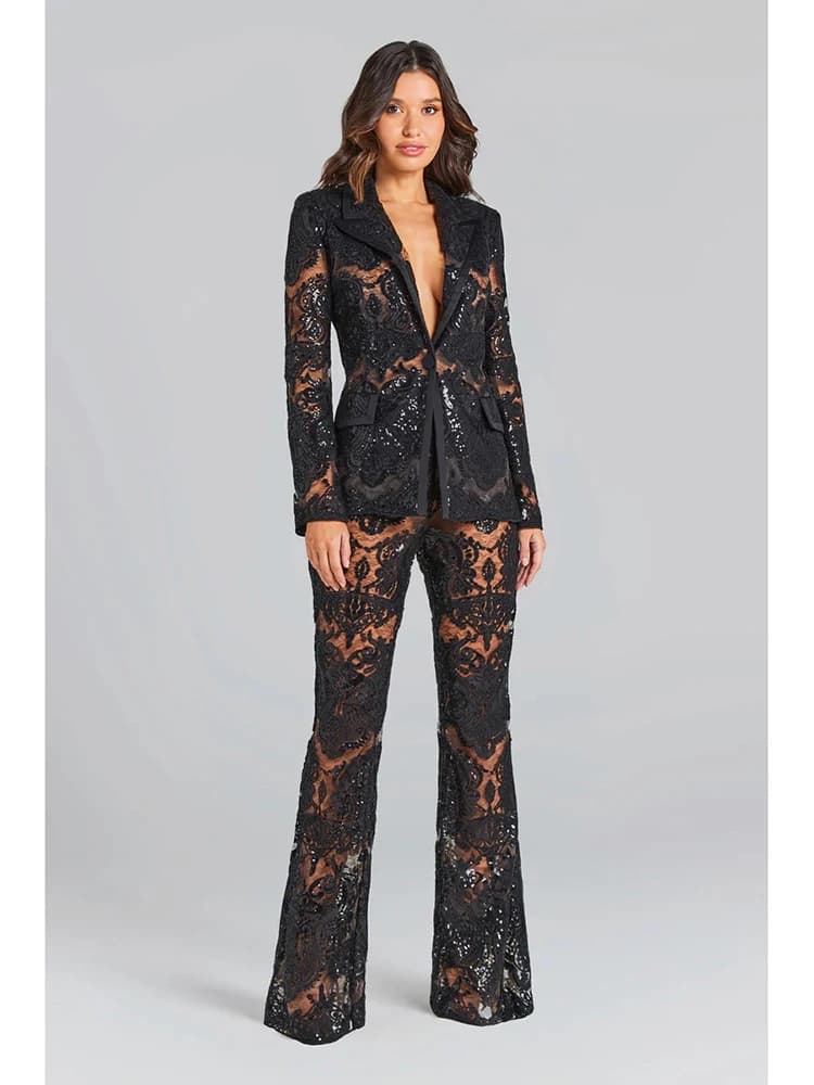 Women's suit HIGH STREET, latest collection 2026, with single-breasted blazer Guipure lace and trousers