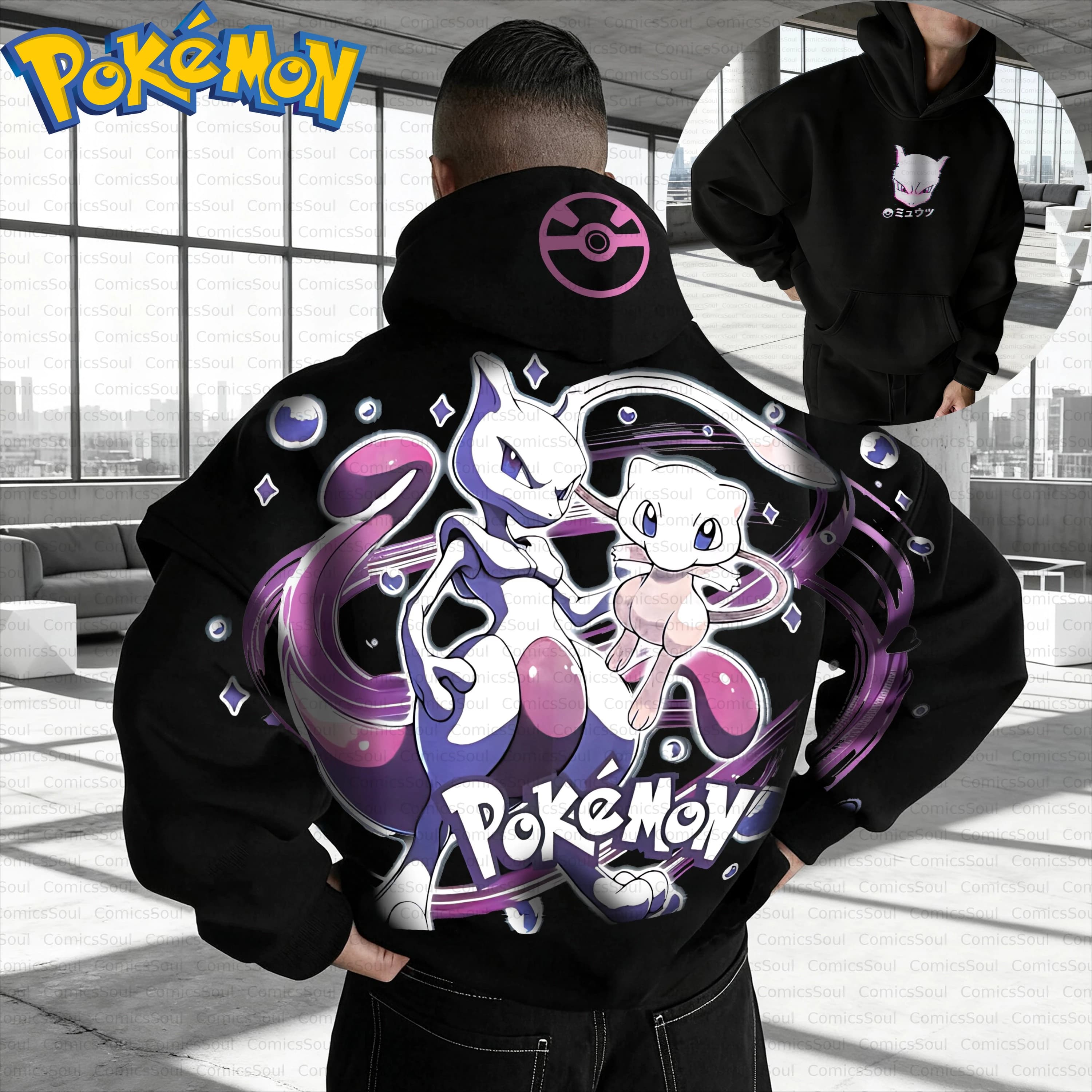 Set felpa con cappuccio e pantaloni Pokemon in cotone nero con stampa Mewtwo e Mew sul retro Abito casual con logo Pokeball anteriore con effetti blu viola