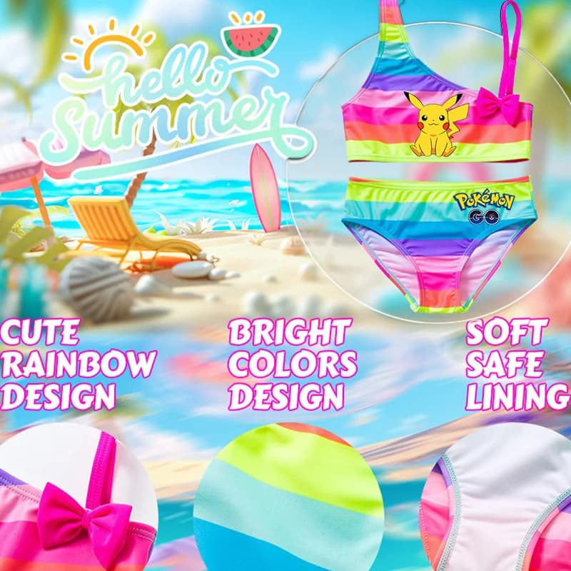 Cartoon Bow Two Piece Swimsuit Summer Beachwear for Pokemon Stylish Colorful Bikini Beach Vacation Swimwear Clothing Gift