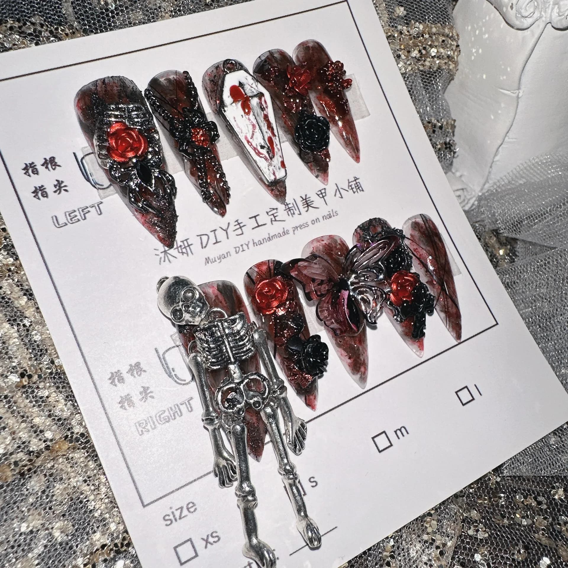 Red Bloody Fin Nails, Skeleton Style, Resistant, Stiletto, Handmade, Dark Style Nail Art Set, Dark Red and Black