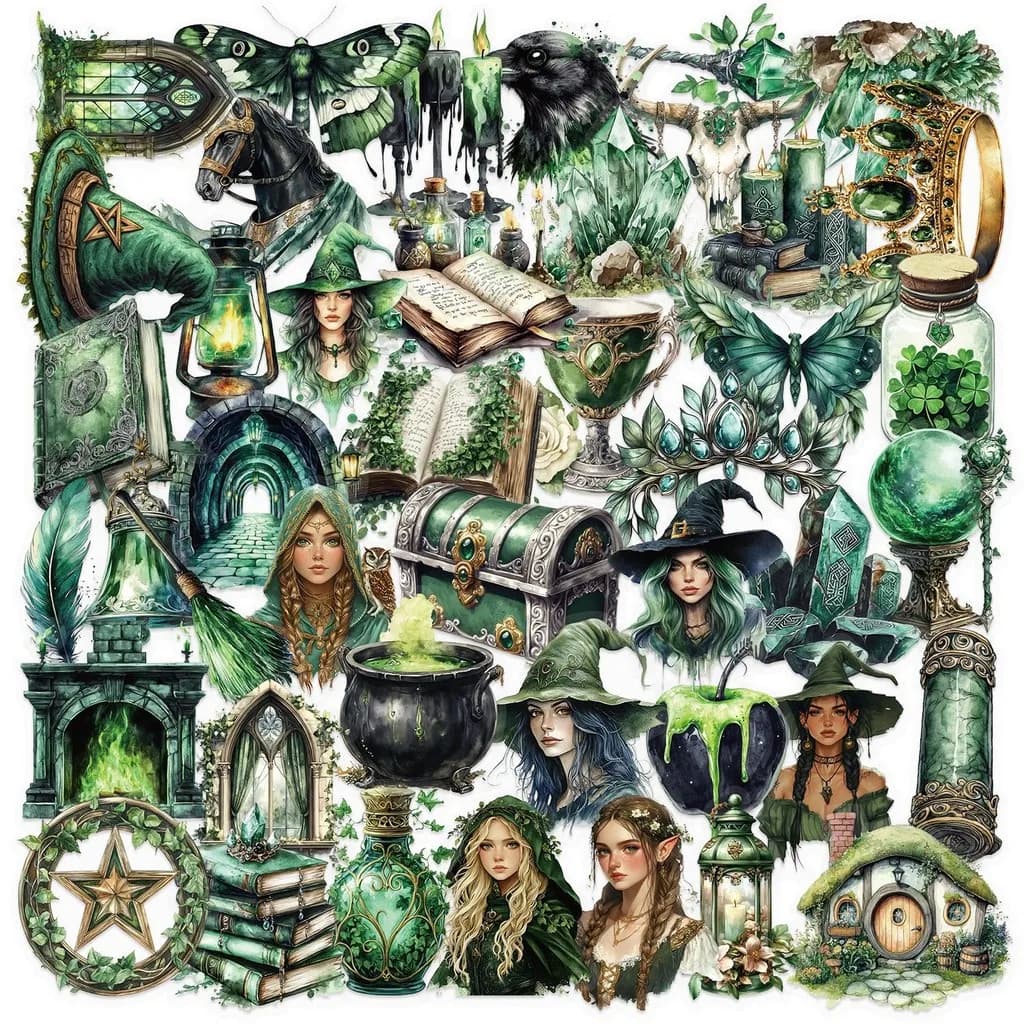 Confezione di adesivi trasparenti per streghe della foresta da 50 pezzi - PET trasparente impermeabile per decorazioni di album, chitarra e notebook (negozio anime)