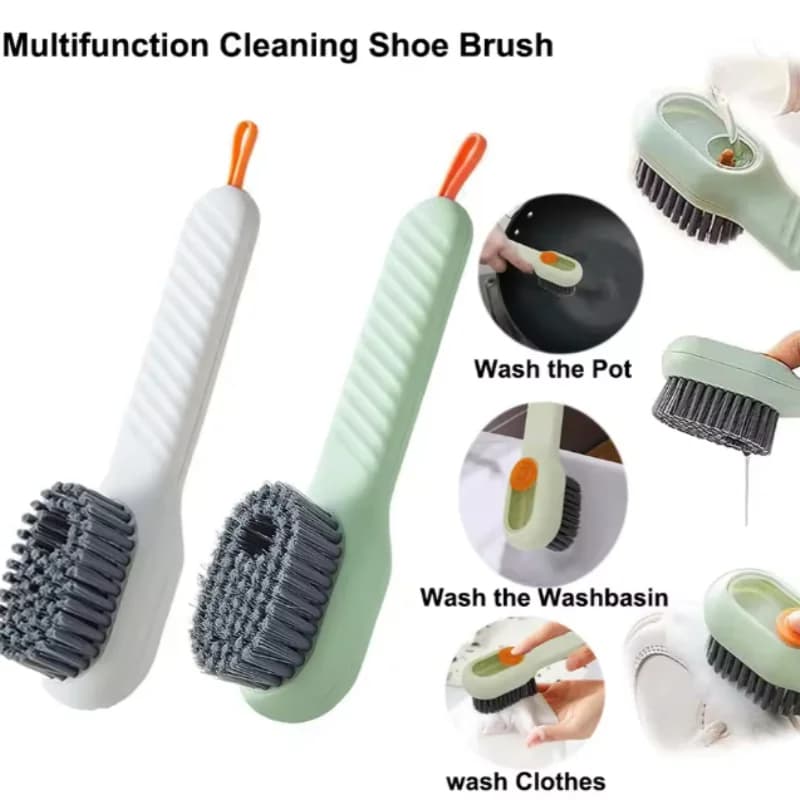 Spazzola Multifunzione per Pulizia Scarpe e Vestiti, Spazzola Automatica con Liquido Integrato, Setole Morbide, Manico Lungo e Gancio, Spazzola per Bucato