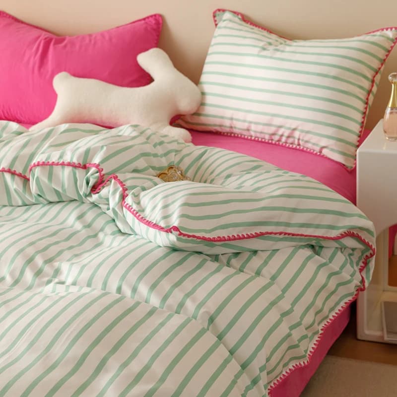 Set biancheria da letto INS Ragazze Lenzuolo in morbido cotone lavato a righe Set piumino Queen King Size Set trapunta Federa Biancheria da letto