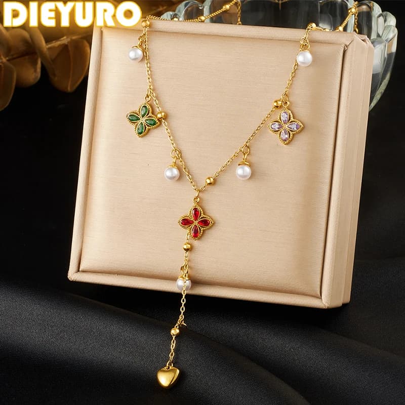 DIEYURO 316L Acciaio Inossidabile Colorato Zircone Fiori Perla Cuore Nappa Collana con pendente Lady New Fashion Collo Catena Gioielli Regalo