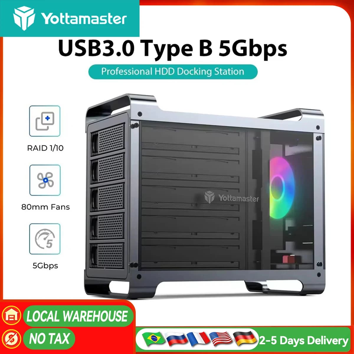 【Magazzino Locale Gratuito】Yottamaster Box esterno per disco rigido RAID a 5 slot, 2.5" 3.5" SATA HDD/SSD con RGB Silent F