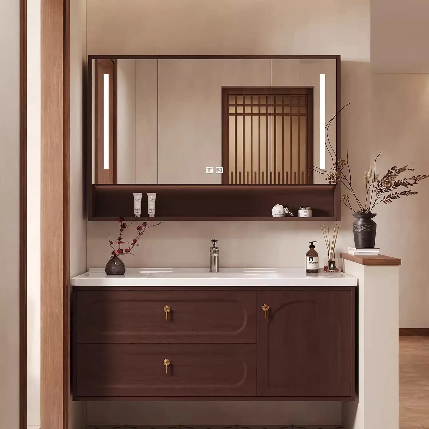 French Vintage Eco-Friendly Bathroom Vanity Wooden Cabinet Wall-Mounted Mirror Included For Apartment Hotel Villa Bathroom Sets