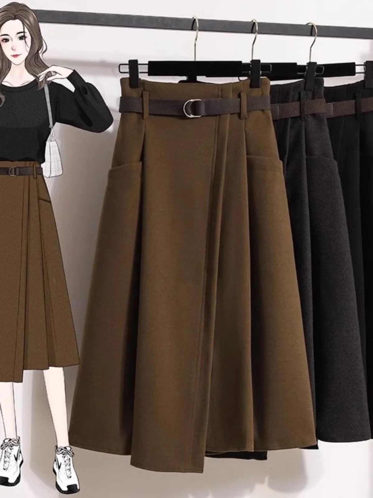 High Waist Midi Woolen Skirt plus Size Elegant Black A-Line Casual Style Women's Spring New Fashion plus Size Women's Skirt