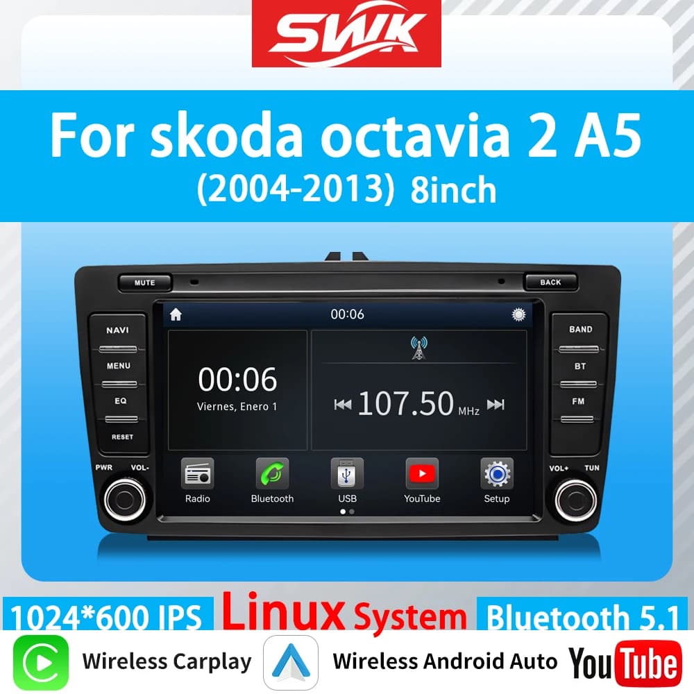 Per Skoda Octavia 2 A5 2004-2013 sistema Linux Car Stereo Wireless CarPlay Android Auto GPS FM DSP Bluetooth Multimedia Playe