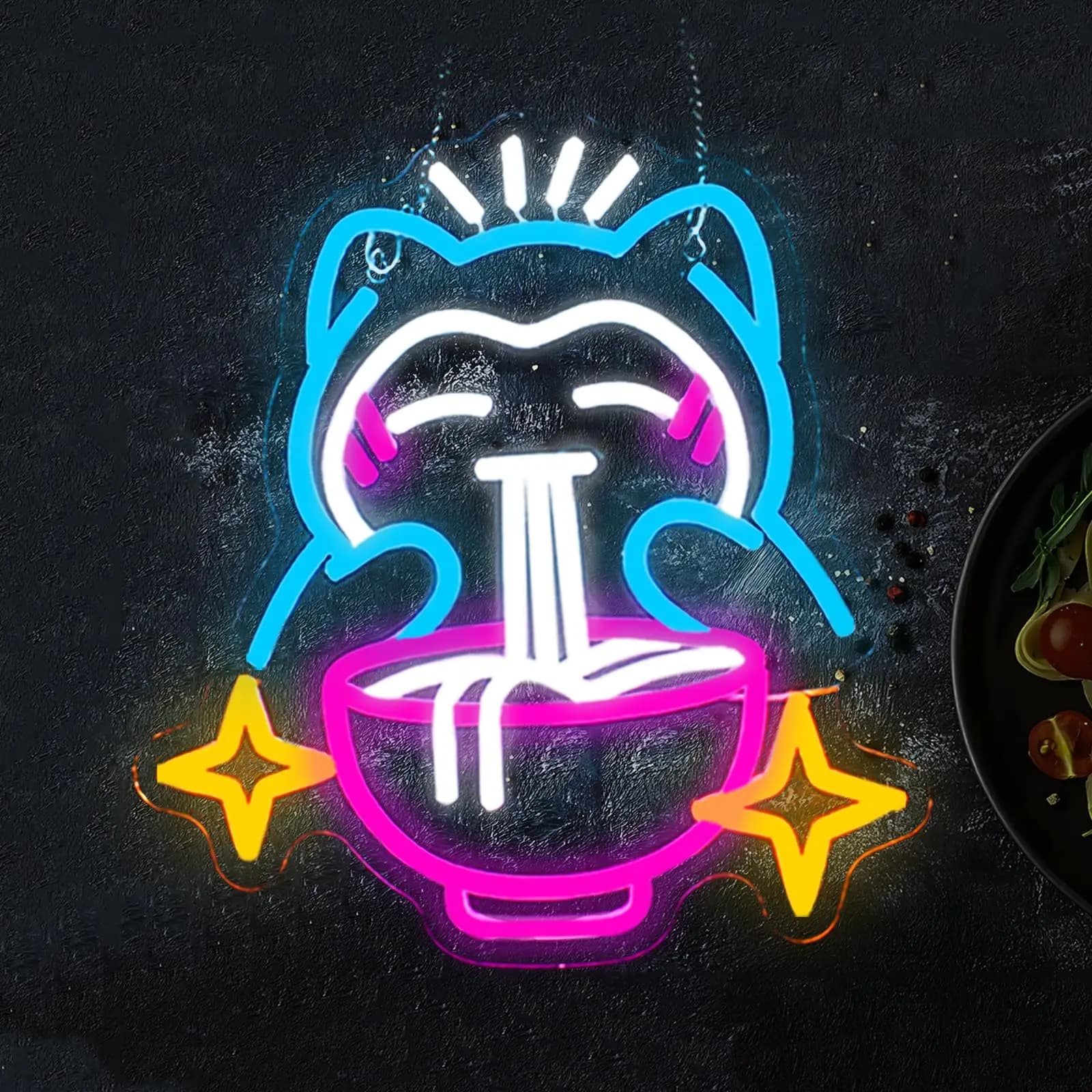 Luce al neon a LED Ramen - Insegna al neon con noodle a forma di orso carino, decorazione da parete giapponese dimmerabile per sala giochi, ristoranti, bar, camera da letto per bambini