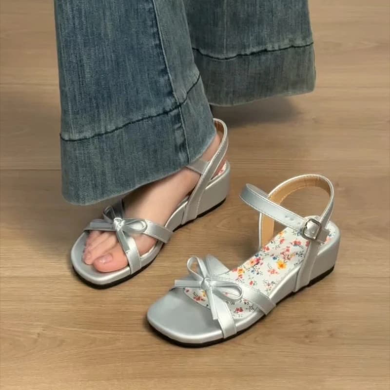 Sandali Estivi da Donna con Zeppa e Punta Aperta, Eleganti con Fiocco a Farfalla e Motivi Floreali, Scarpe da Festa Femminili