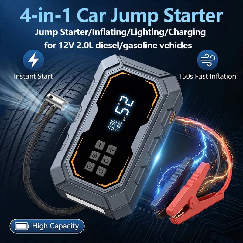 Avviatore di emergenza 4 in 1 per auto con illuminazione a LED, compressore d'aria, pompa per pneumatici, power bank portatile, caricabatterie per auto a 12V.