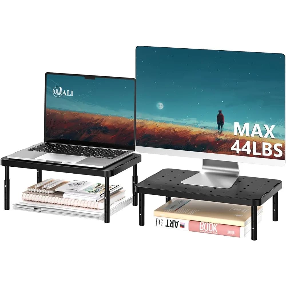 Adjustable Computer Monitor Stand for Desk with Storage Shelf, Ergonomic Laptop Riser Holder Organizer for Office and Home, Multi-Functional Desktop Stand for PC Monitor Screen, Laptop, Books, and School Supplies, Space