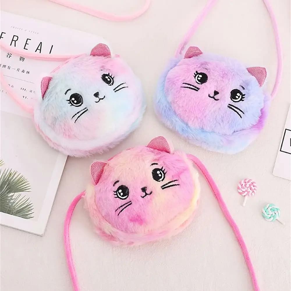 Kids Mini Lovely Pockets Rainbow Color Cute Cat Messenger Shoulder Bag Purse Plush Stuffed Dolls Bag Soft Handbags for Girls