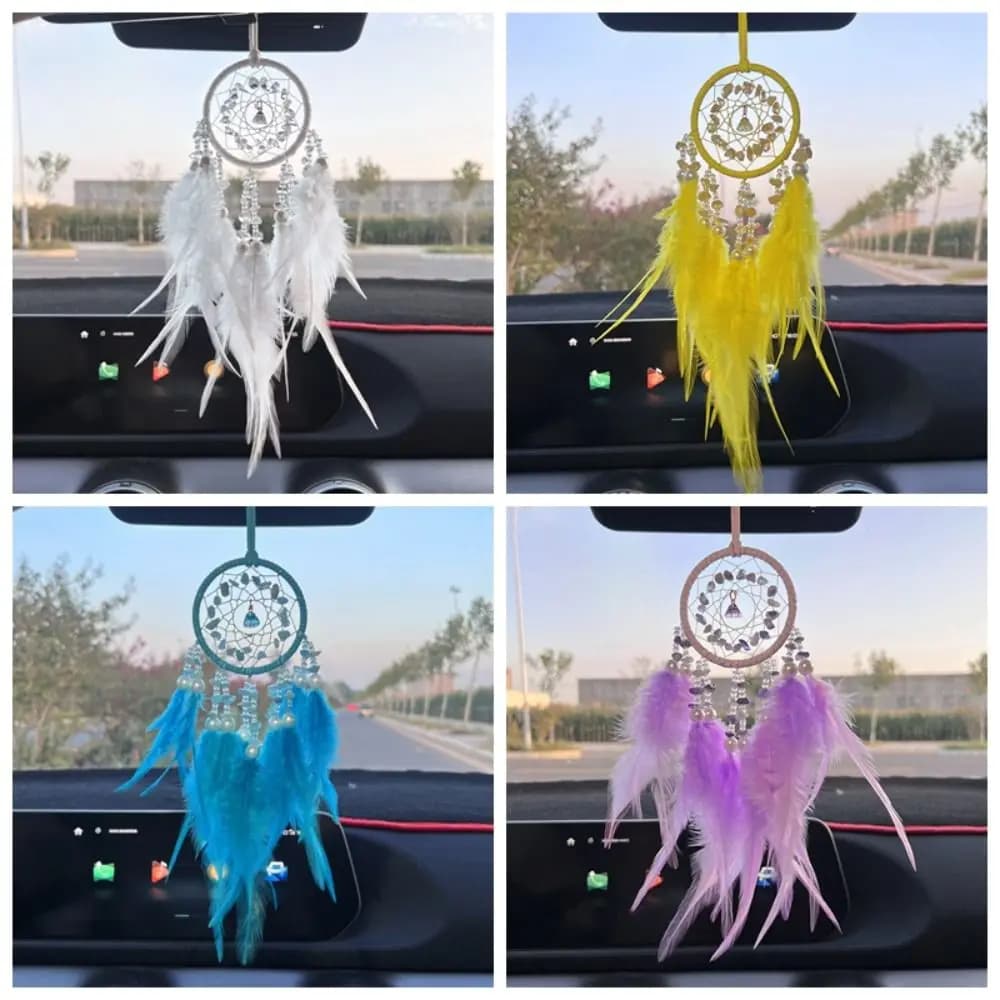 Hand Knitting Dream Catching Wind Chimes Decoration Car Pendant Tassel Catching Pendant Delicate Feathers and Iron Ring