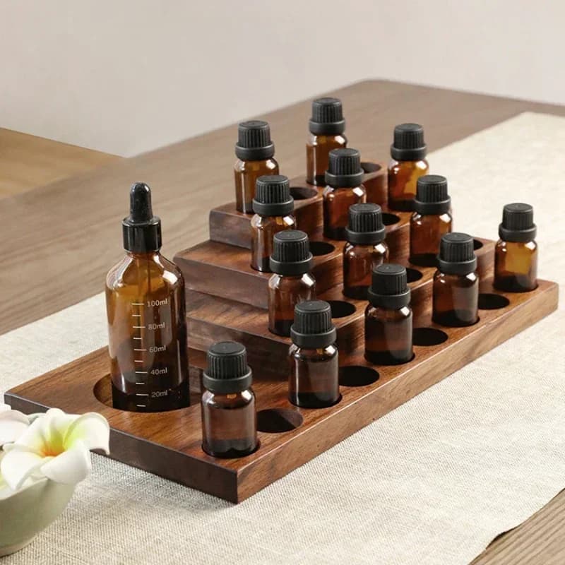 # Scaffale per bottiglie di olio essenziale in legno caldo, espositore per fragranze di teak vintage, organizer a griglia 18-24, griglia per olio