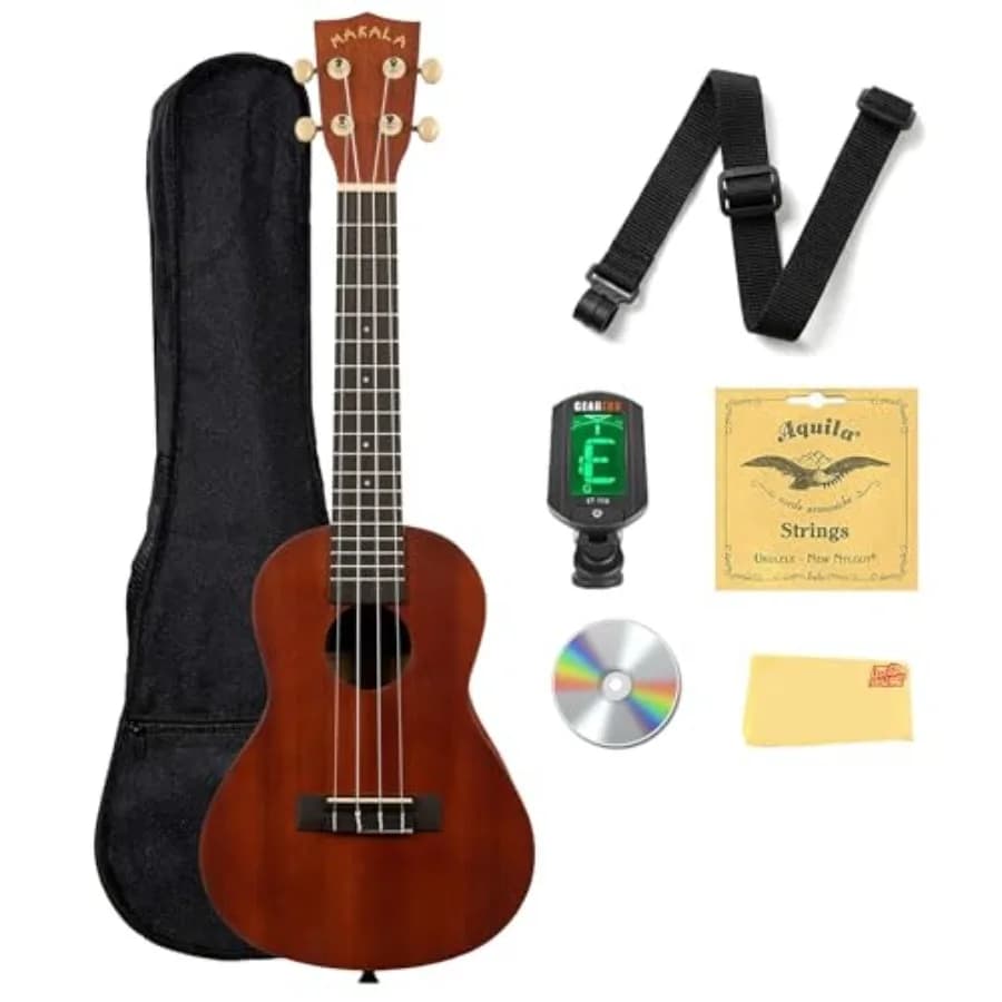 Pacchetto Ukulele da Concerto MK-C con Borsa, Accordatore, Tracolla, Corde Aquila, Lezioni Online, DVD Istruttivo Austin Bazaar e Polis