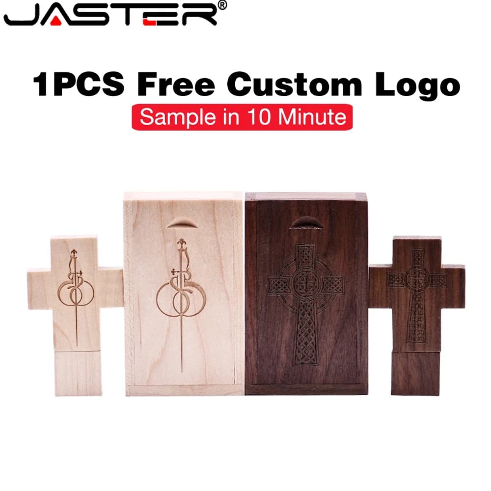 Logo personalizzato gratuito USB 3.0 Pen Drive 128 GB Croce USB Flash Drive Scatola di legno Pendrive Regalo creativo Memory Stick 64 GB 32 GB 16 GB 8 GB