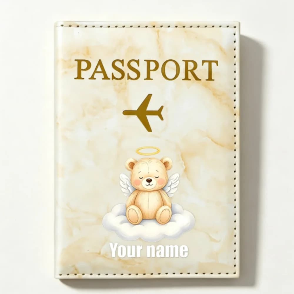 Personalized Name/Initials Angel Bear with Wings & Clouds Passport Holder, Cute Travel Document Passport Book Case