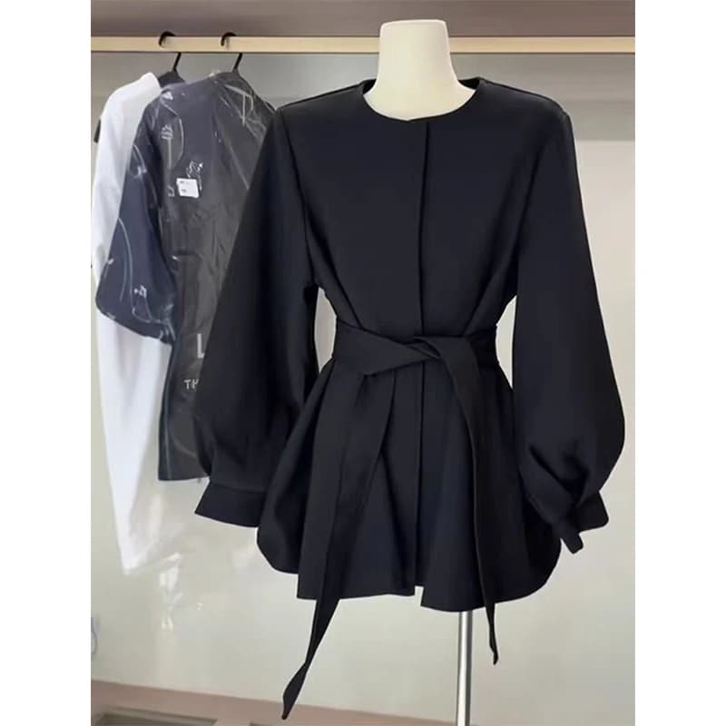 MEXZT Vintage Black Mini Dress Women Korean Elegant Bandage Dresses Autumn Ladies Streetwear Lantern Long Sleeve A Line Vestidos